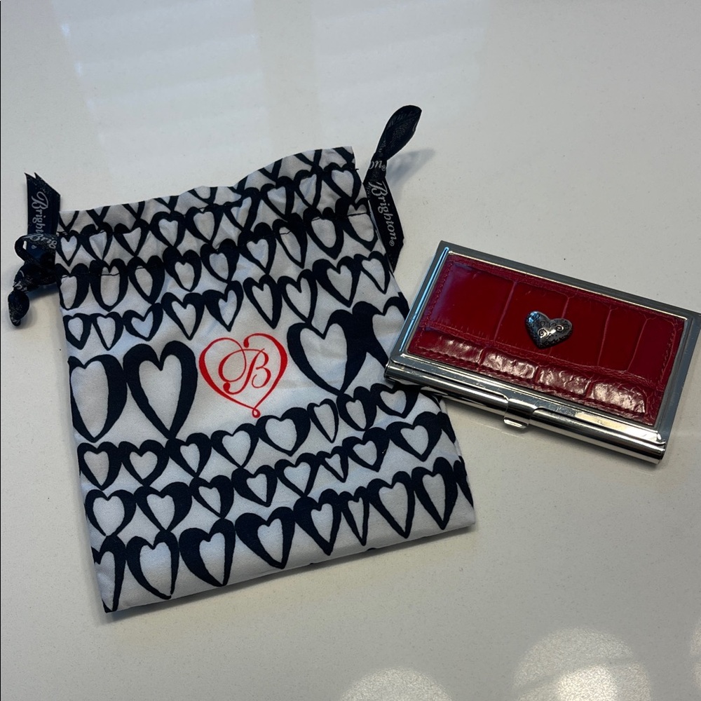 Brighton Red Love Beat Heart Leather Business Card Holder with Drawstring Bag.